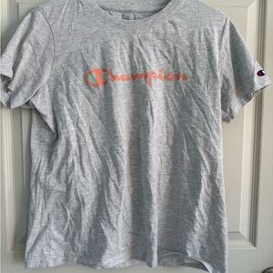 Champion Light Gray Tee with Red Logo Accent